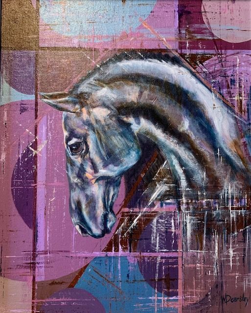 Black horse portrait with purple abstract background, looking down.
