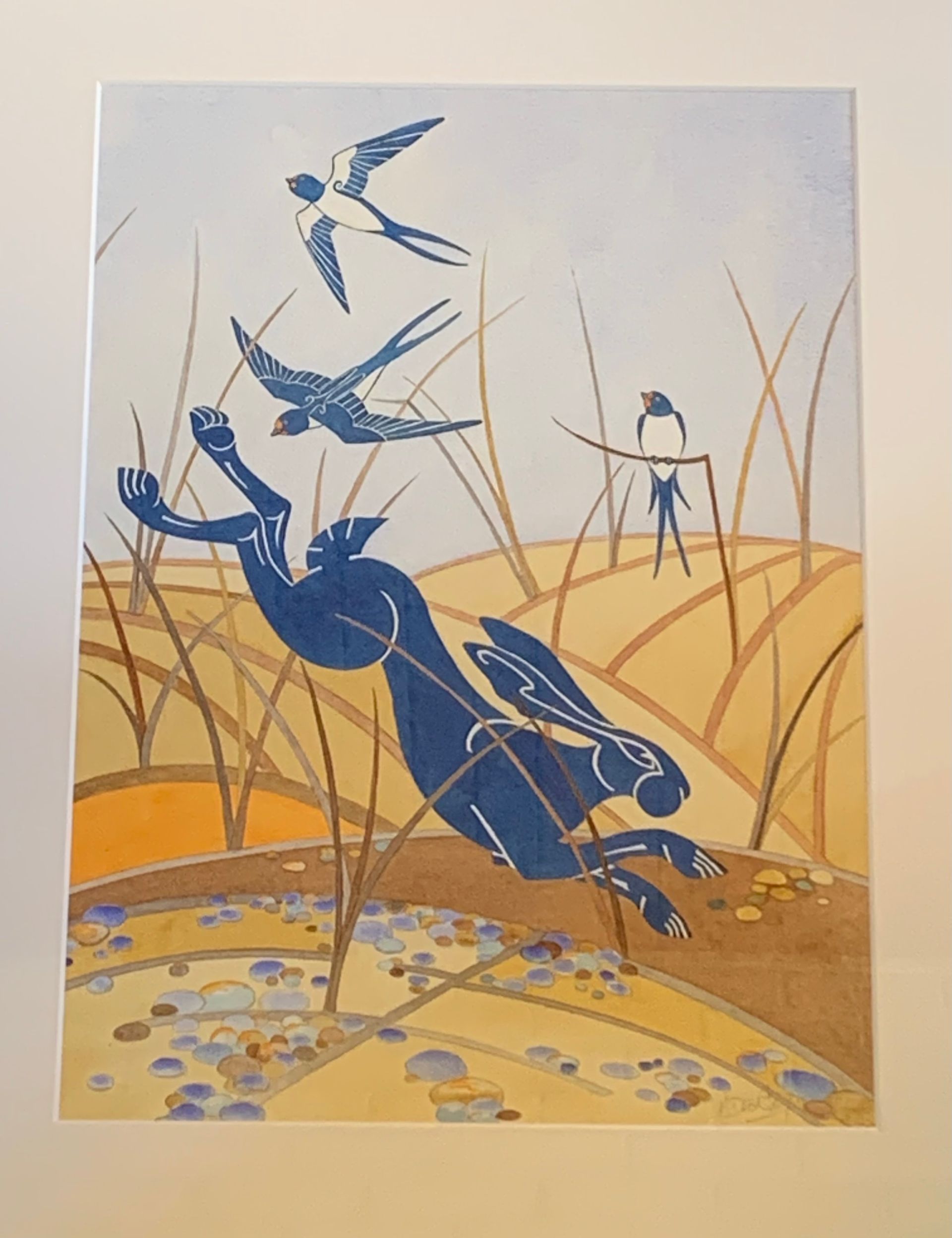 A dark blue hare leaps across a field, with three swallows overhead.