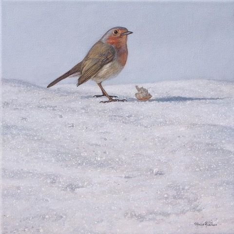 A robin with a red breast stands in the snow next to a small food item.