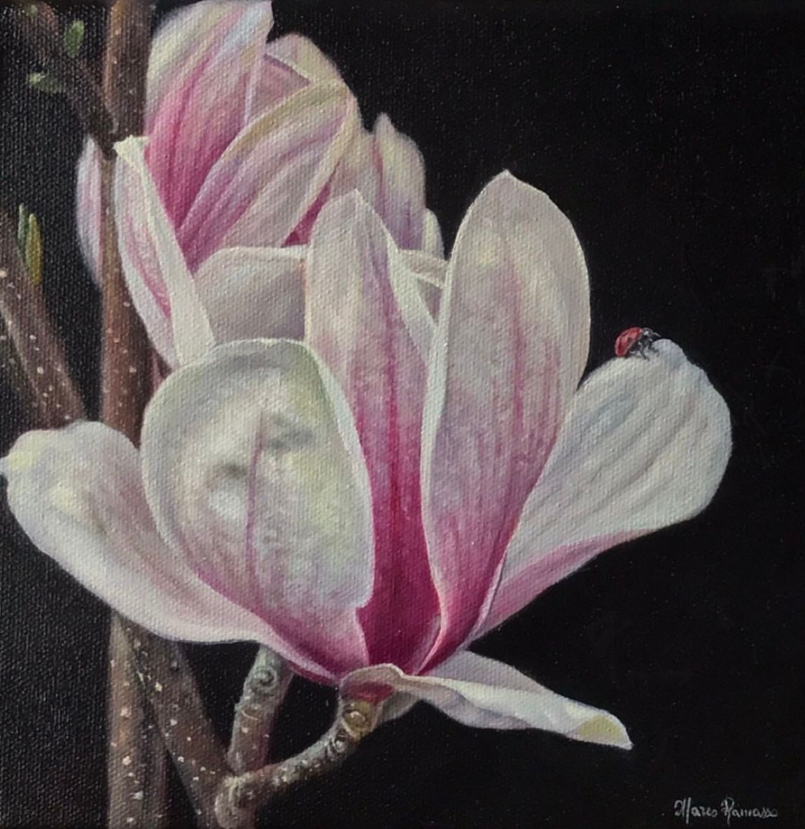 A painting of a pink flower with a ladybug on it