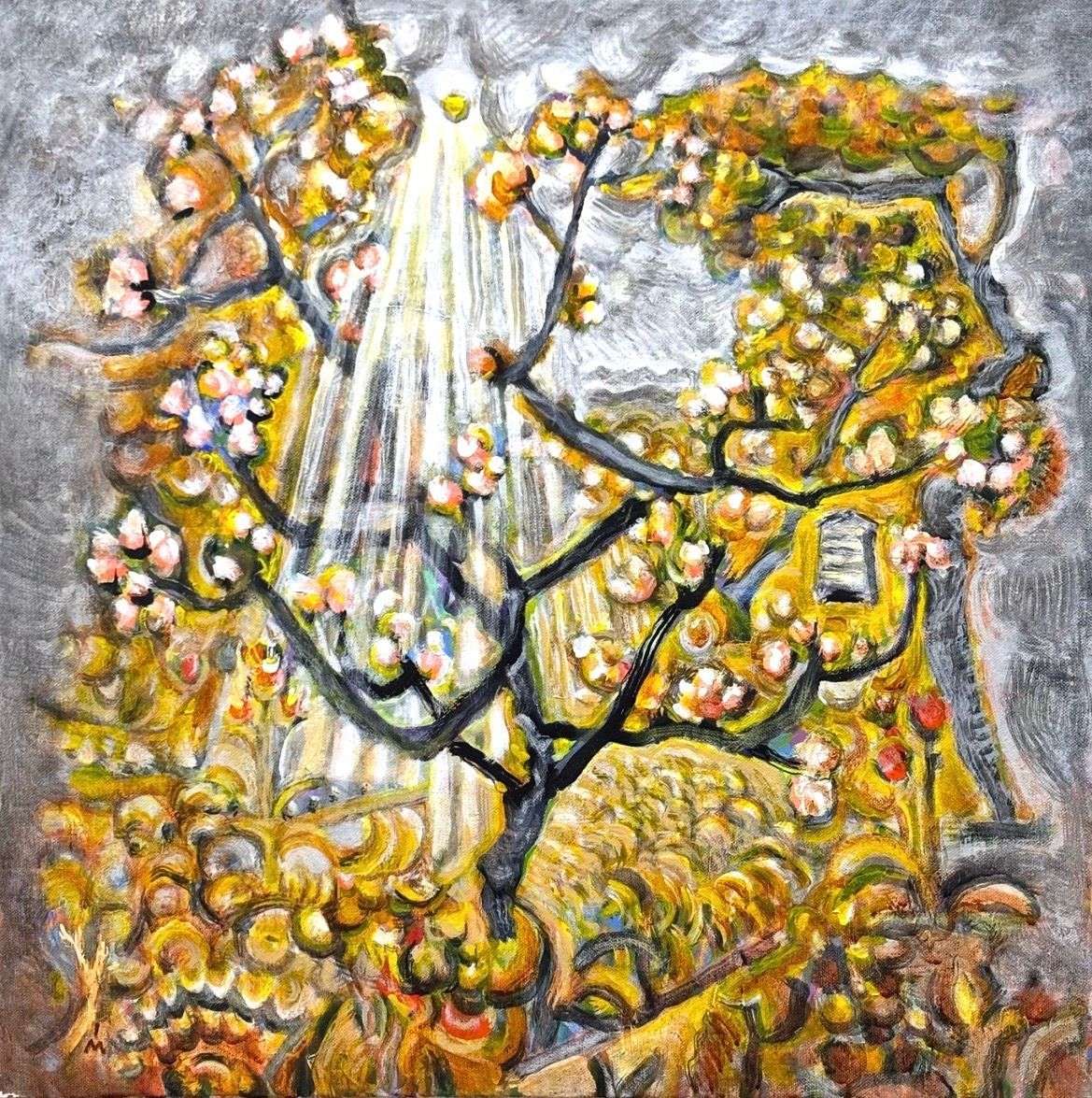 An expressionist painting featuring a gnarled, dark tree silhouetted against brilliant white light and golden foliage.