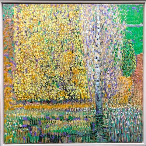 a painting of a tree with yellow leaves in a field .