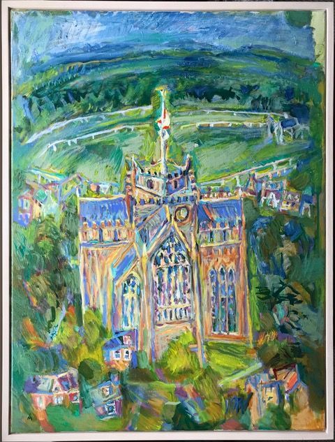 it is a painting of a church with a flag on top of it .