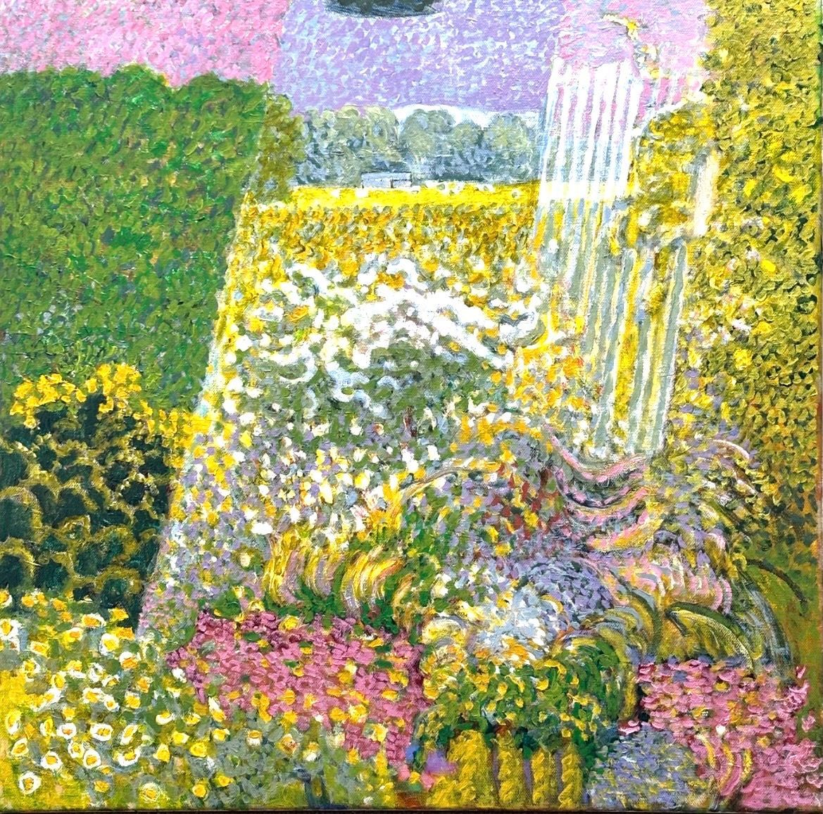 An Impressionist painting depicts a bright garden filled with colorful flowers, green foliage, and a field under a sky.