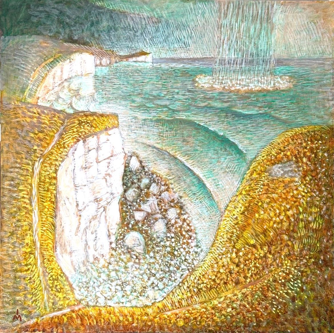 A painting of white coastal cliffs and golden hills surrounding a turquoise bay, with a curtain of rain falling offshore.