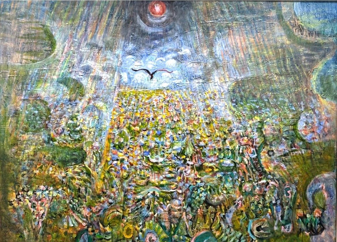 A sprawling, impressionistic oil painting of a crowd in a vibrant green meadow beneath a dark, celestial sky with a bird.