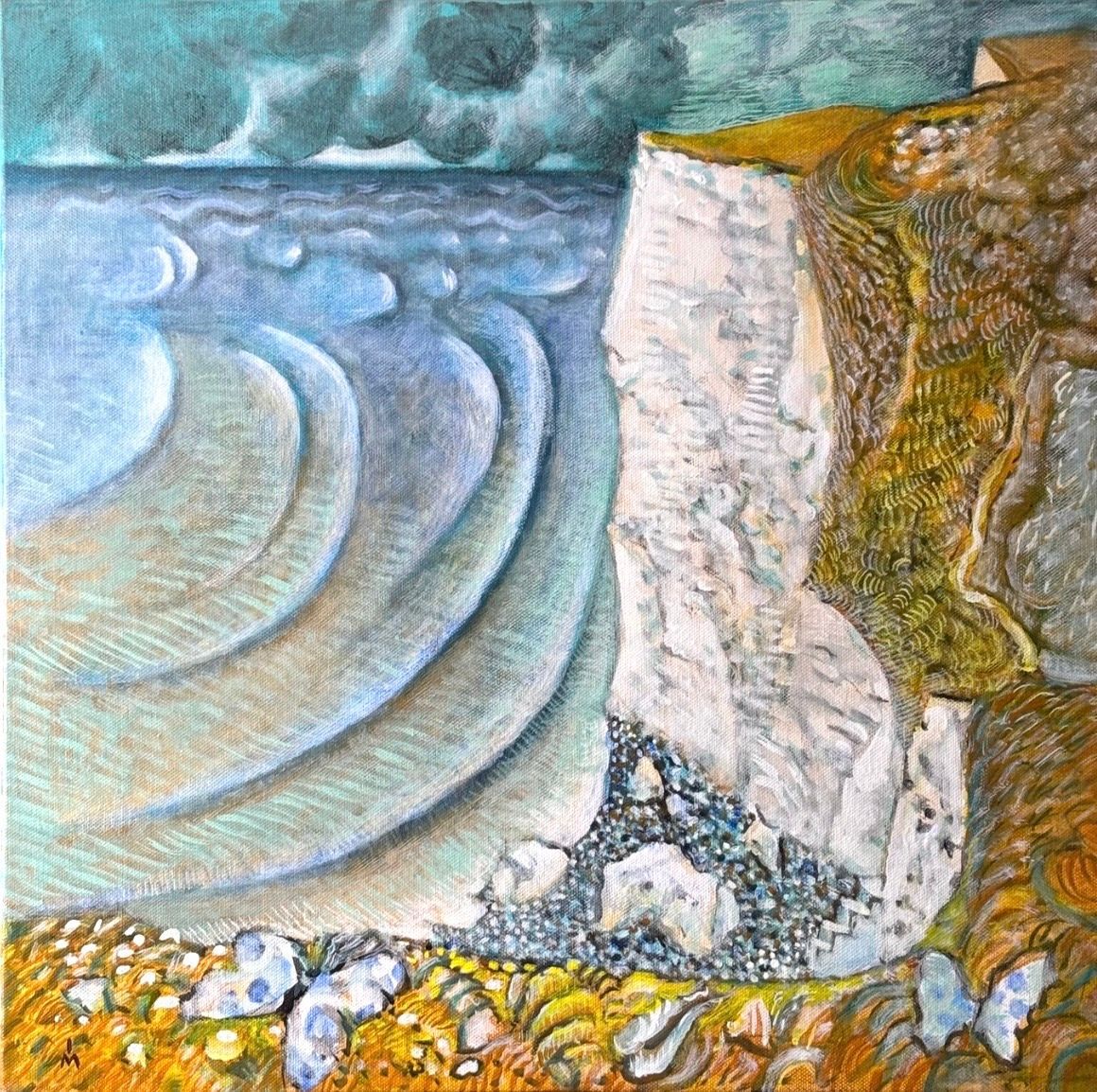 An expressionist painting of a white cliff meeting a textured, wavy blue sea under a dark, stormy sky.