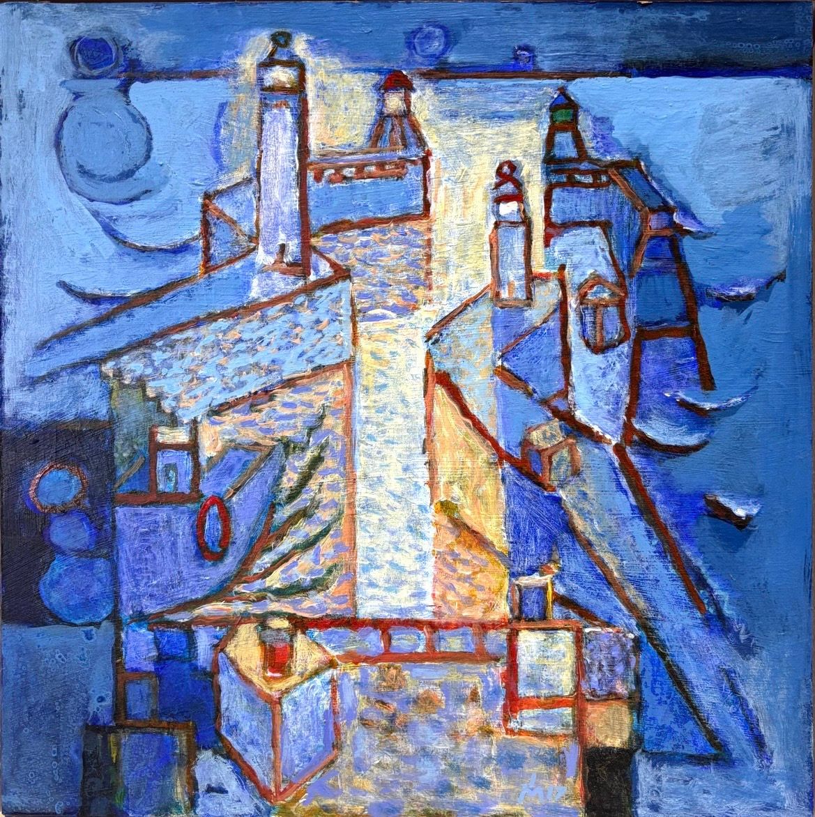 Abstract oil painting of rooftops and buildings in shades of blue, with a bright, vertical strip of light in the center.