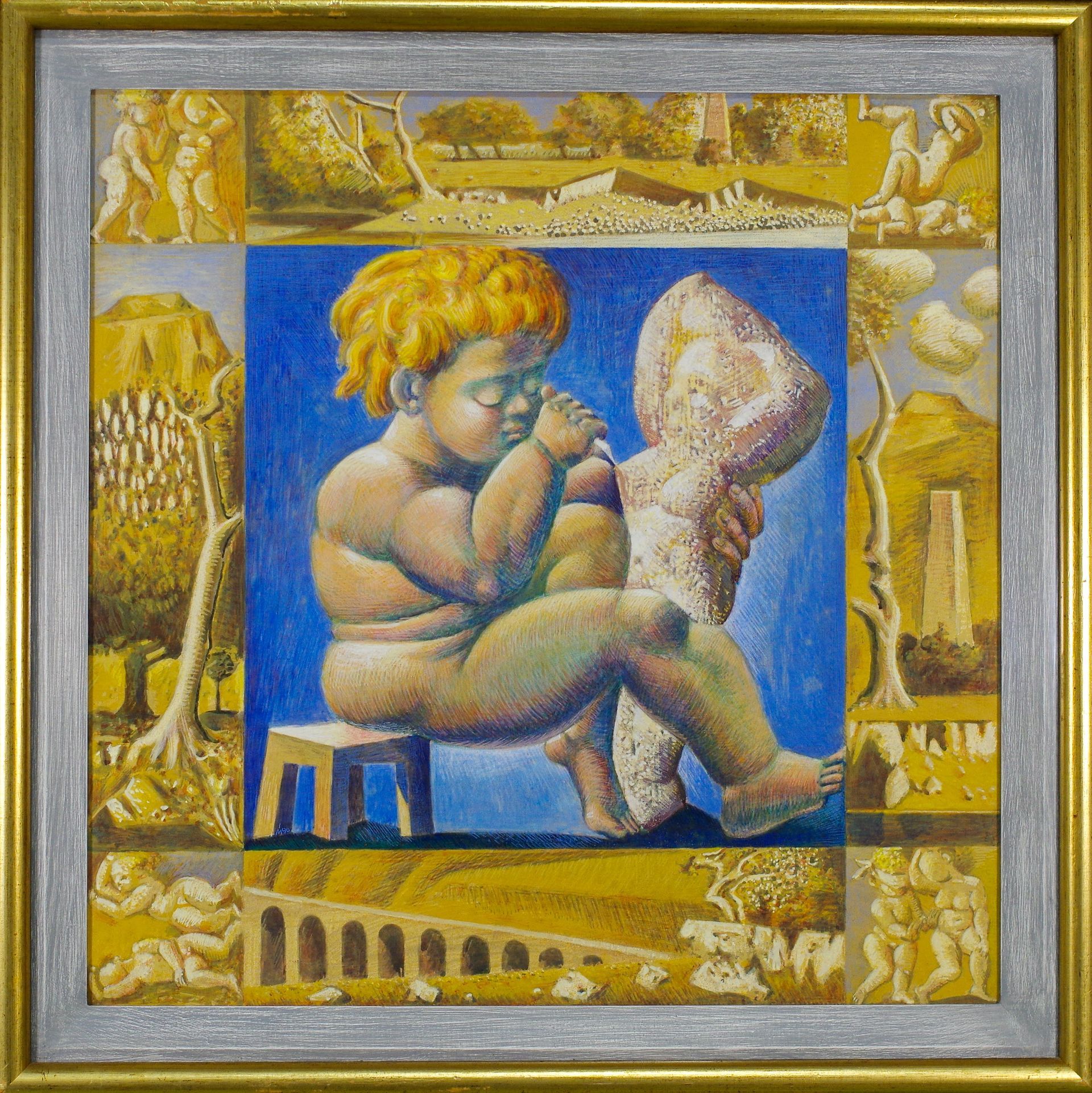 A stylized painting of a seated figure holding a small sculpture, framed by smaller scenes of landscapes and figures.