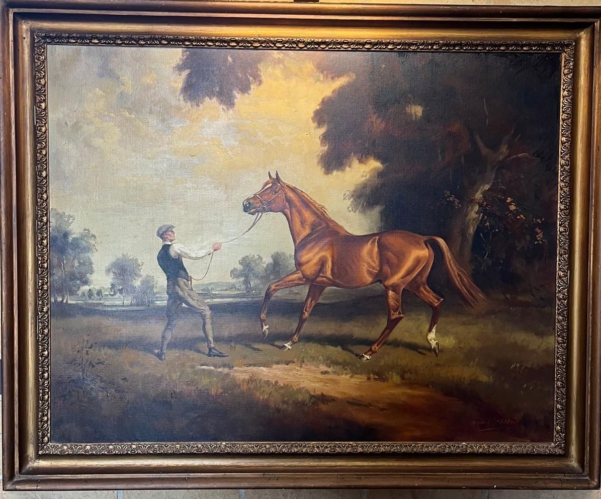 Painting of a man and brown horse in a field; the man reaching out, horse prancing.