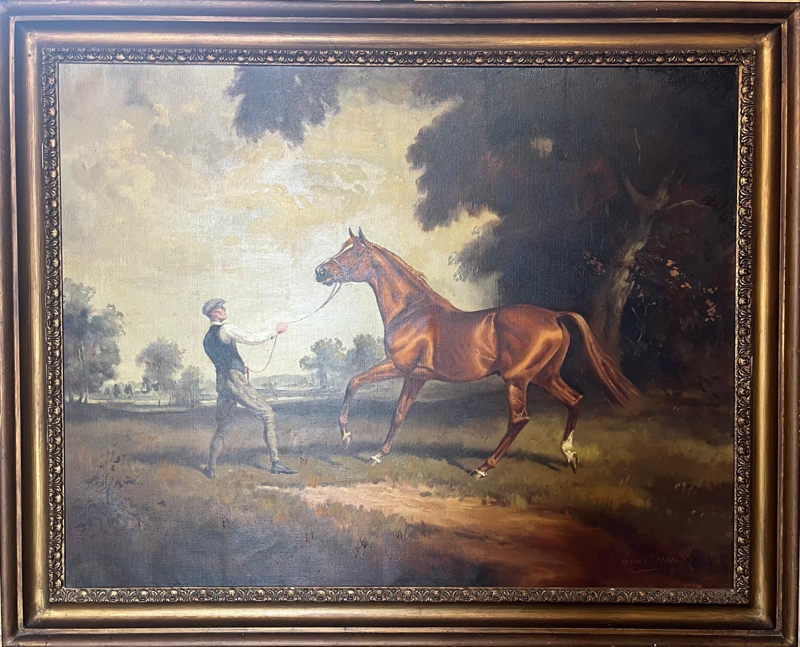 A painting of a man leading a horse in a field