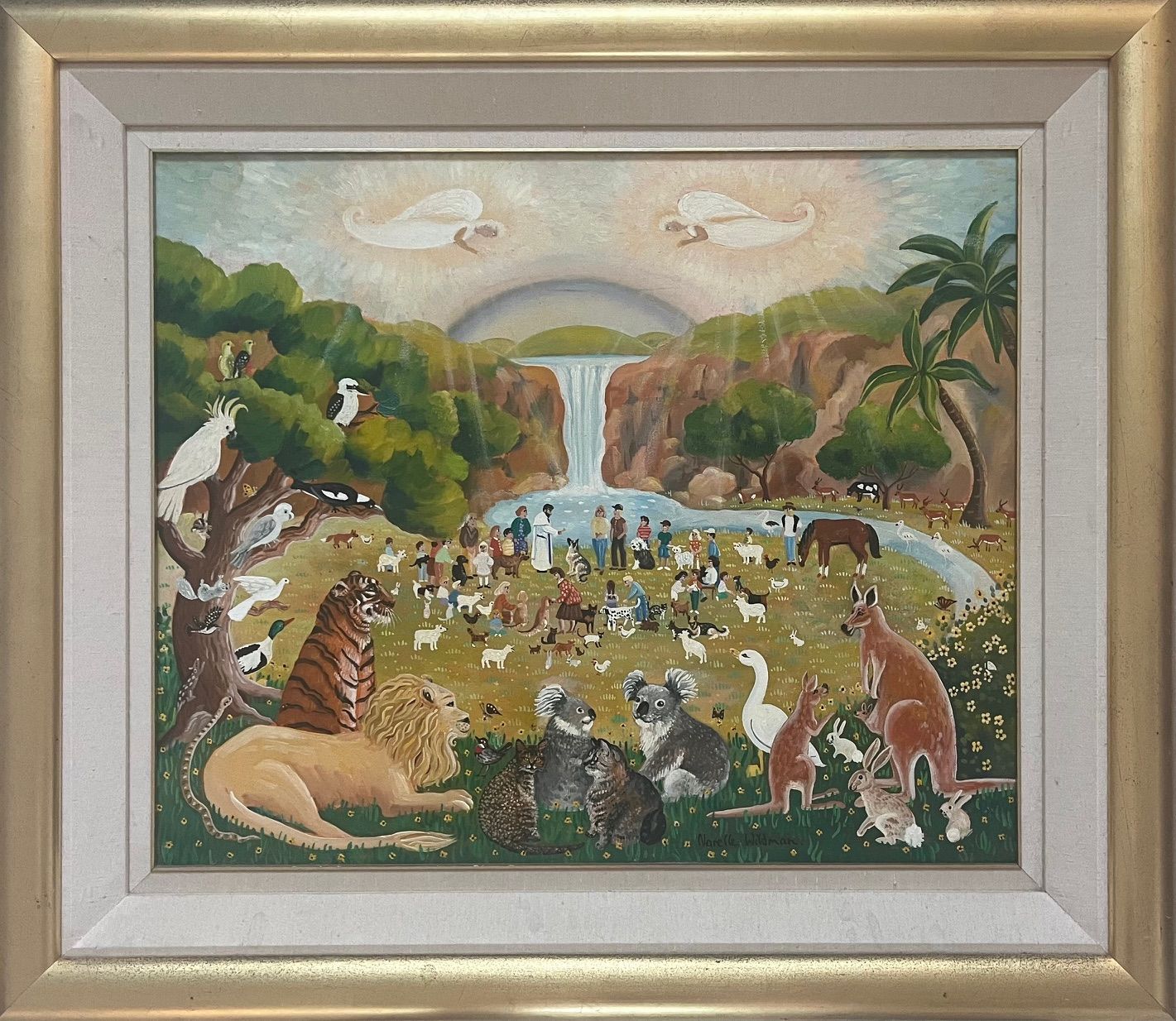 Animals gather near a waterfall and rainbow, with angels above. Lion, kangaroo, and koalas are present.