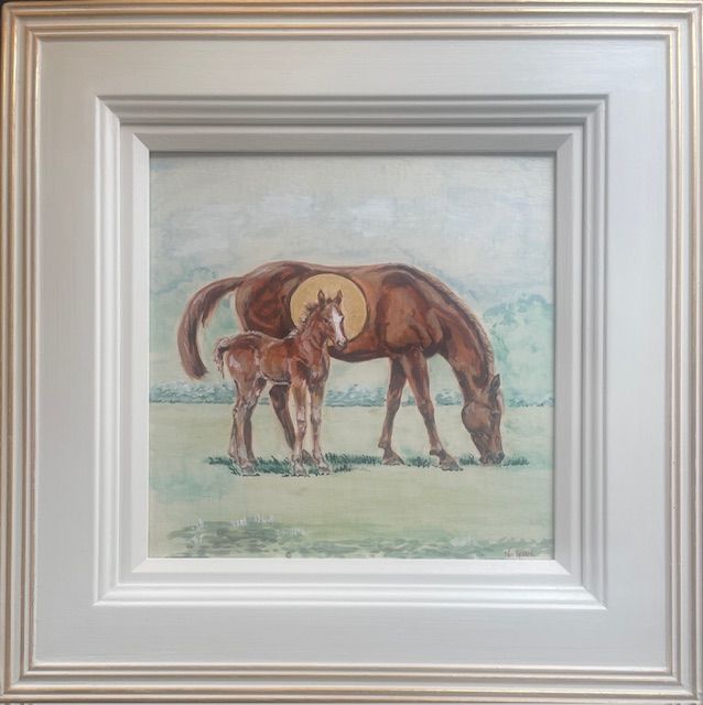 Brown mare and foal graze in a field. A golden halo hovers above the mare.