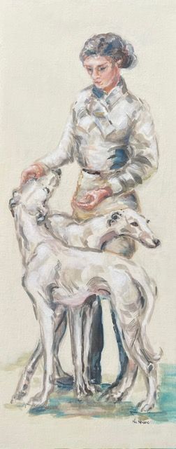 a painting of a lady standing next to two dogs .