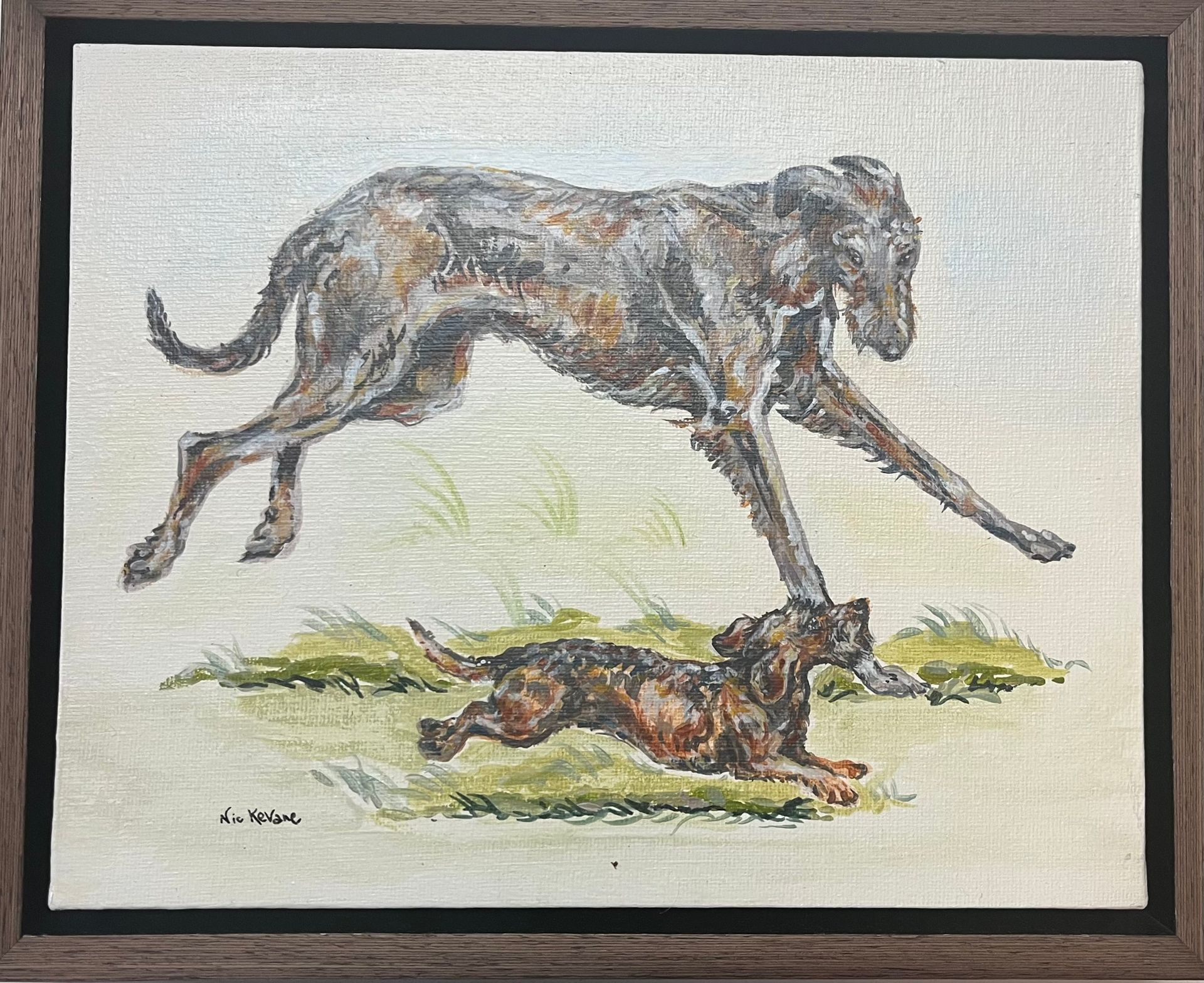 A painting of a tall, dark dog leaping over a smaller, brown dog running through a grassy field.
