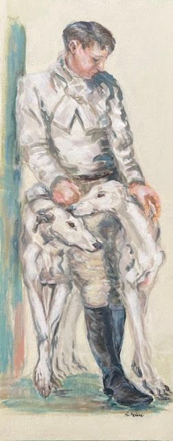 a painting of a man standing next to two dogs .