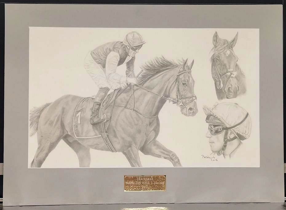 Pencil drawing of a racehorse with a jockey, and detailed head and face portraits. Mounted and framed.