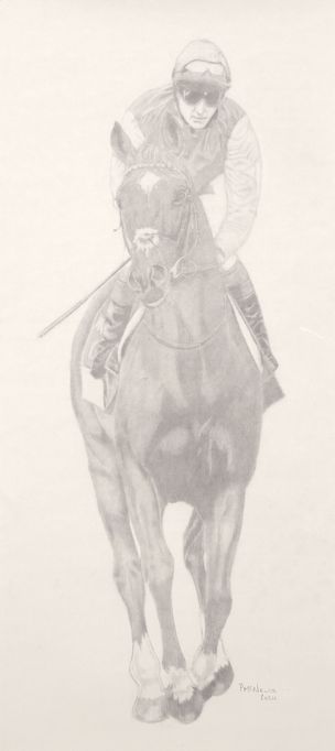 A pencil sketch of a racehorse and jockey racing towards the viewer.
