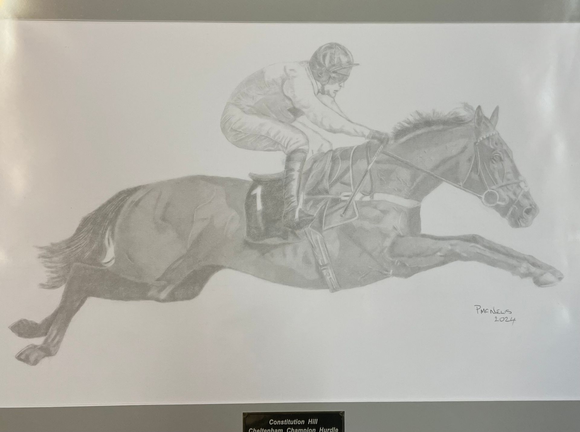 Pencil drawing of a racehorse and jockey in mid-air; action shot, gray scale.