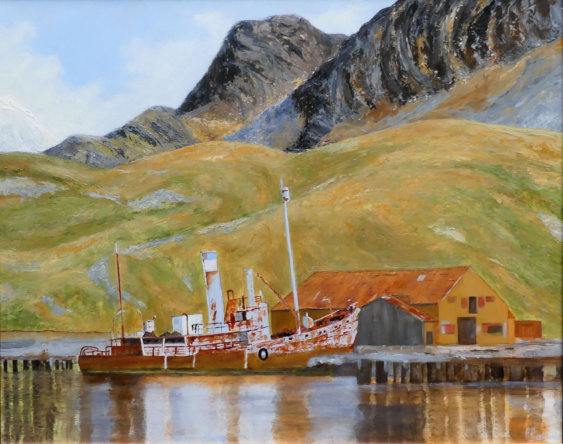 A painting of a boat in the water with mountains in the background