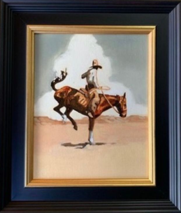 Cowboy on a bucking bronco in a desert setting, roping with a beige sky.