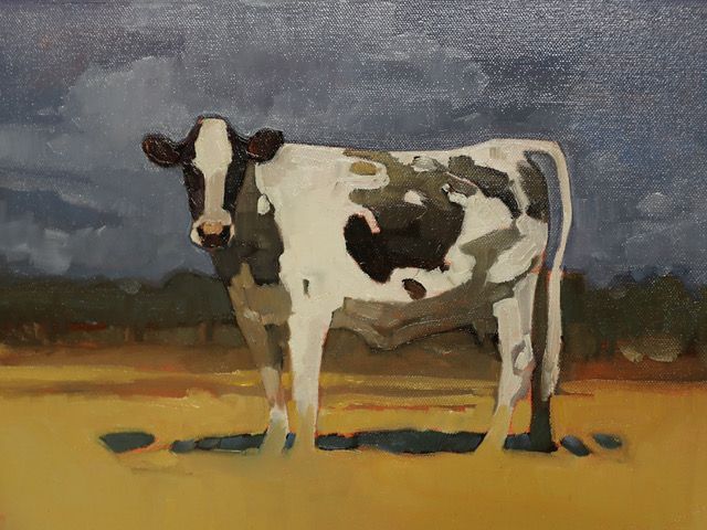 a black and white cow is standing in a field in a painting .