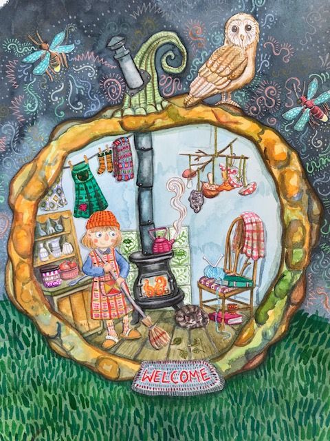 A painting of a girl sweeping the floor with an owl sitting on top of a pumpkin.