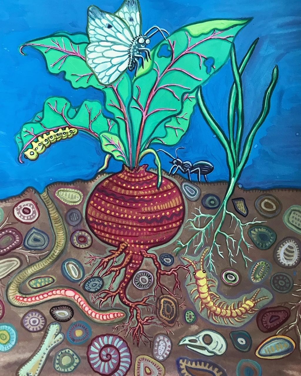 A painting of a plant with a butterfly on it