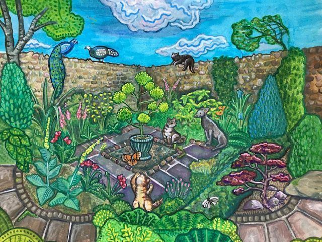 A painting of a garden with animals and plants