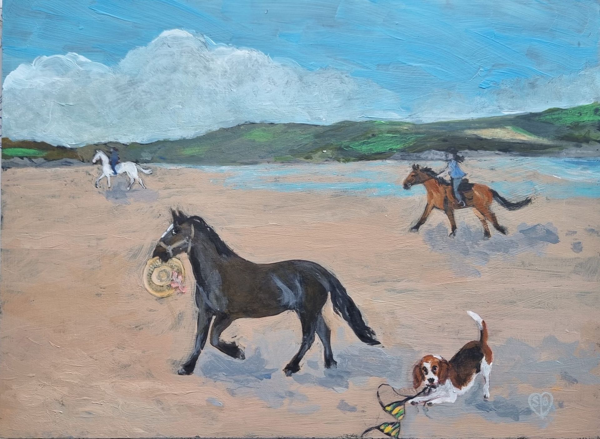 Horses and a dog on a beach. A rider on one horse, another horse running, dog playing, blue sky, and green hills.