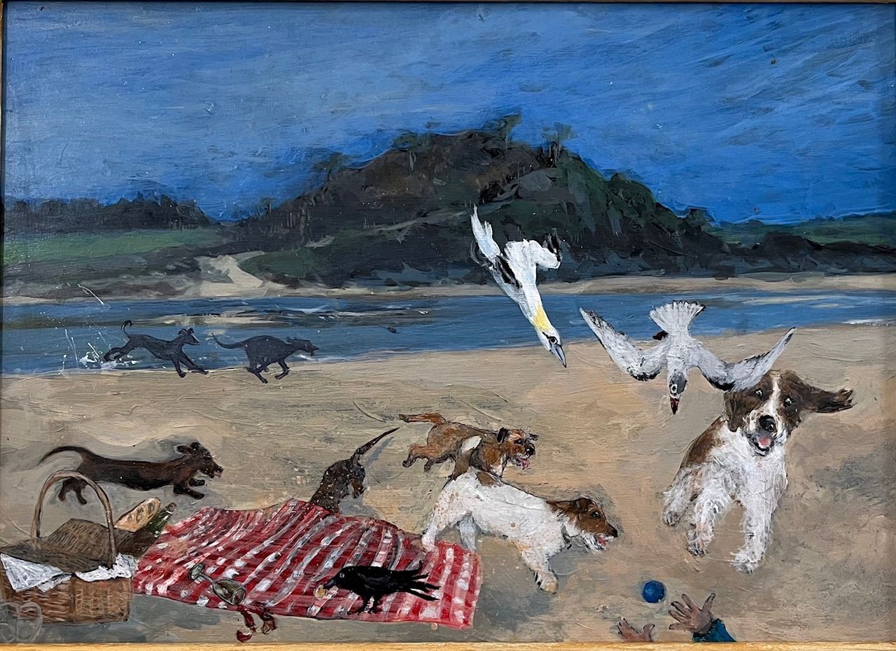 A painting of a group of dogs playing on a beach.