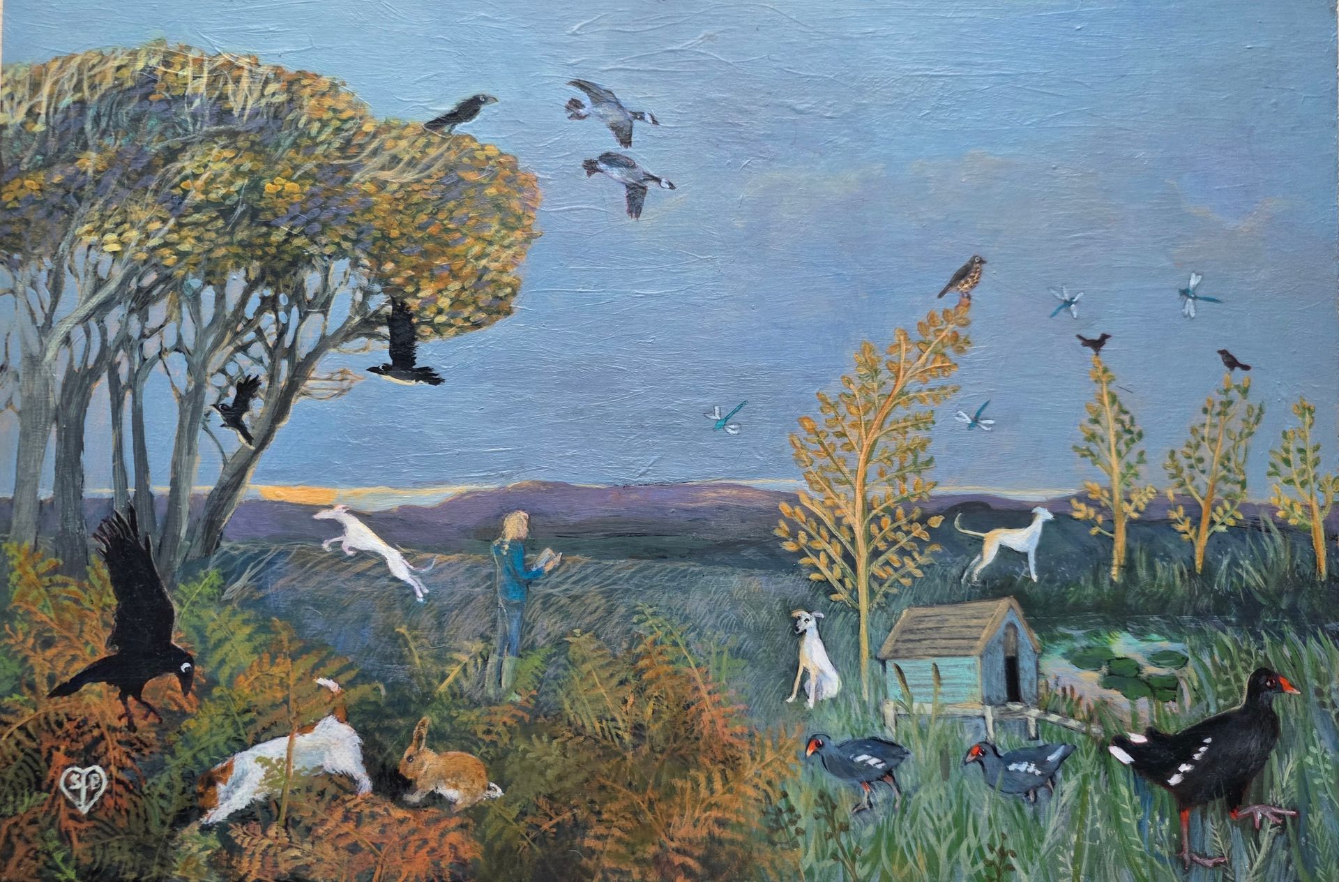 Landscape with birds, dogs, a person, and a small hut; birds are flying.