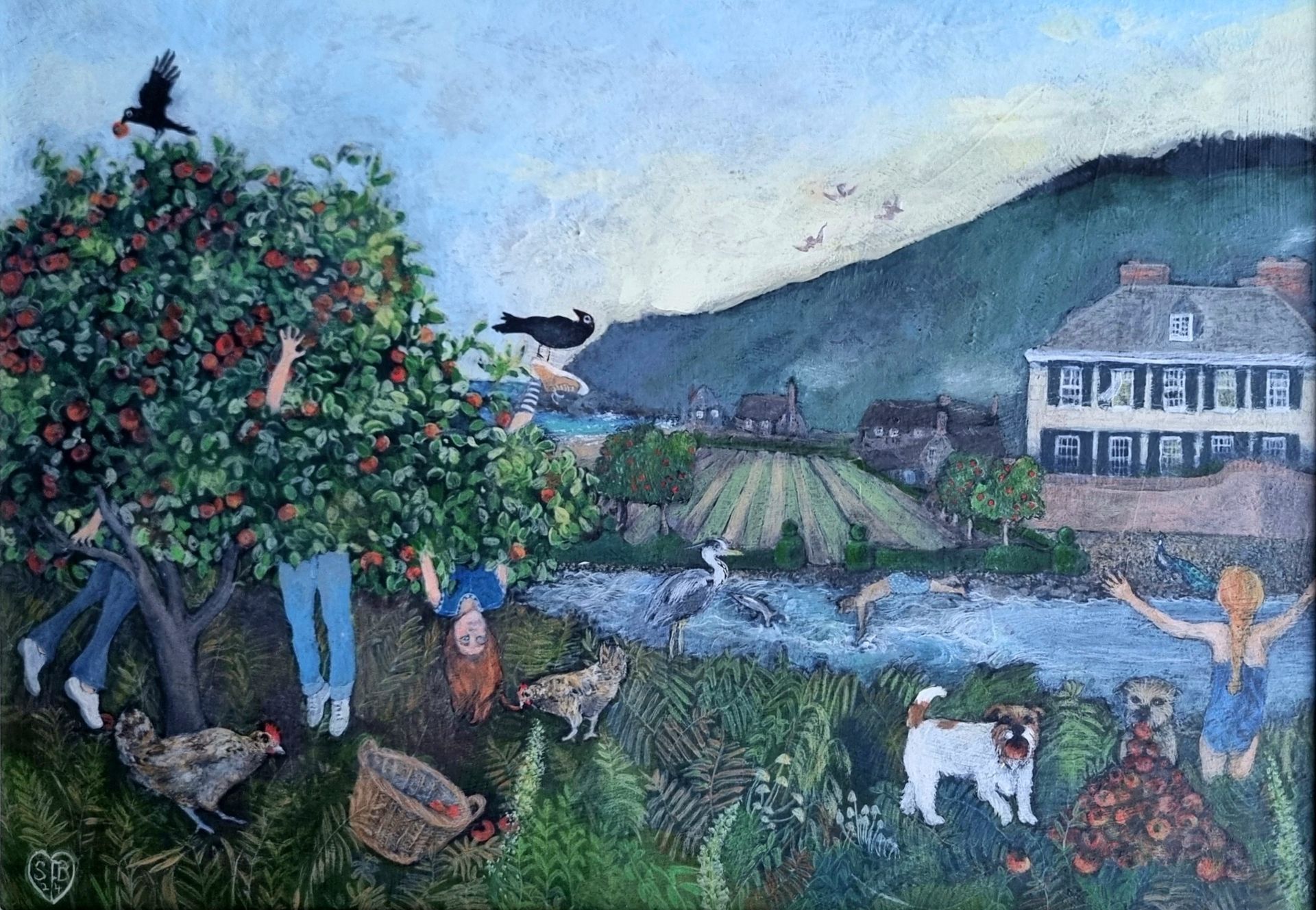 People picking apples, farm scene, mountain backdrop. Chickens, dog, birds, and basket.