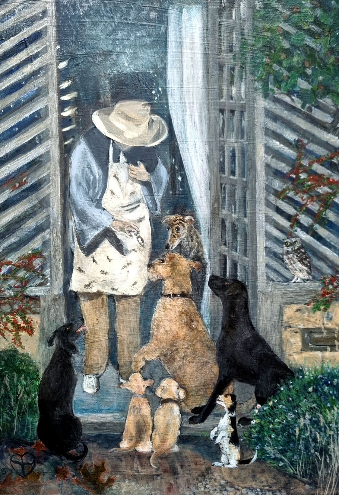 A painting of a man standing in front of a door surrounded by dogs and cats.