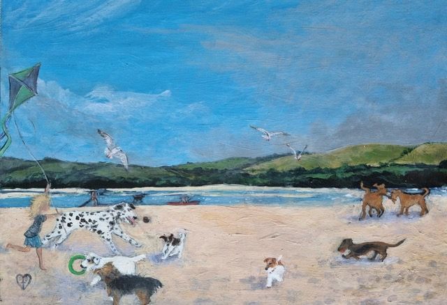 a painting of a boy flying a kite on a beach with dogs .
