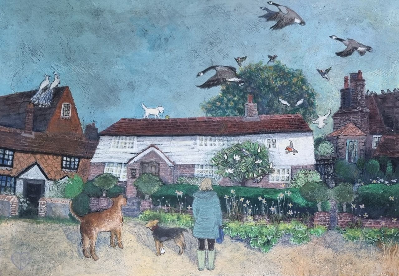 a painting of a woman walking a dog in front of a house