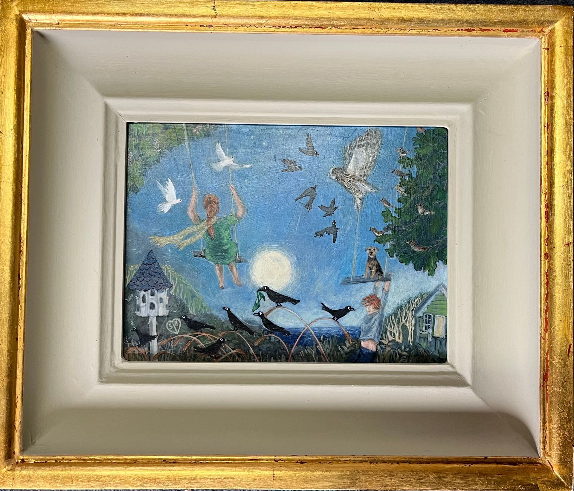 A painting of a whimsical night scene. A person in green and many birds fly around a full moon.