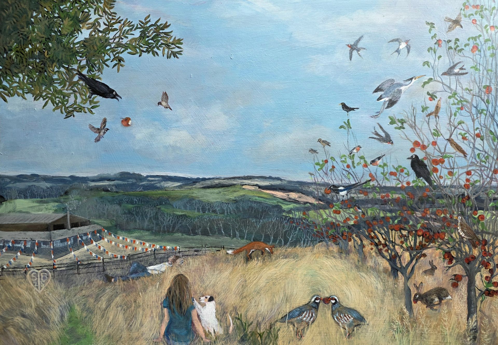 Rolling hills, field with two people walking a dog, birds in sky.