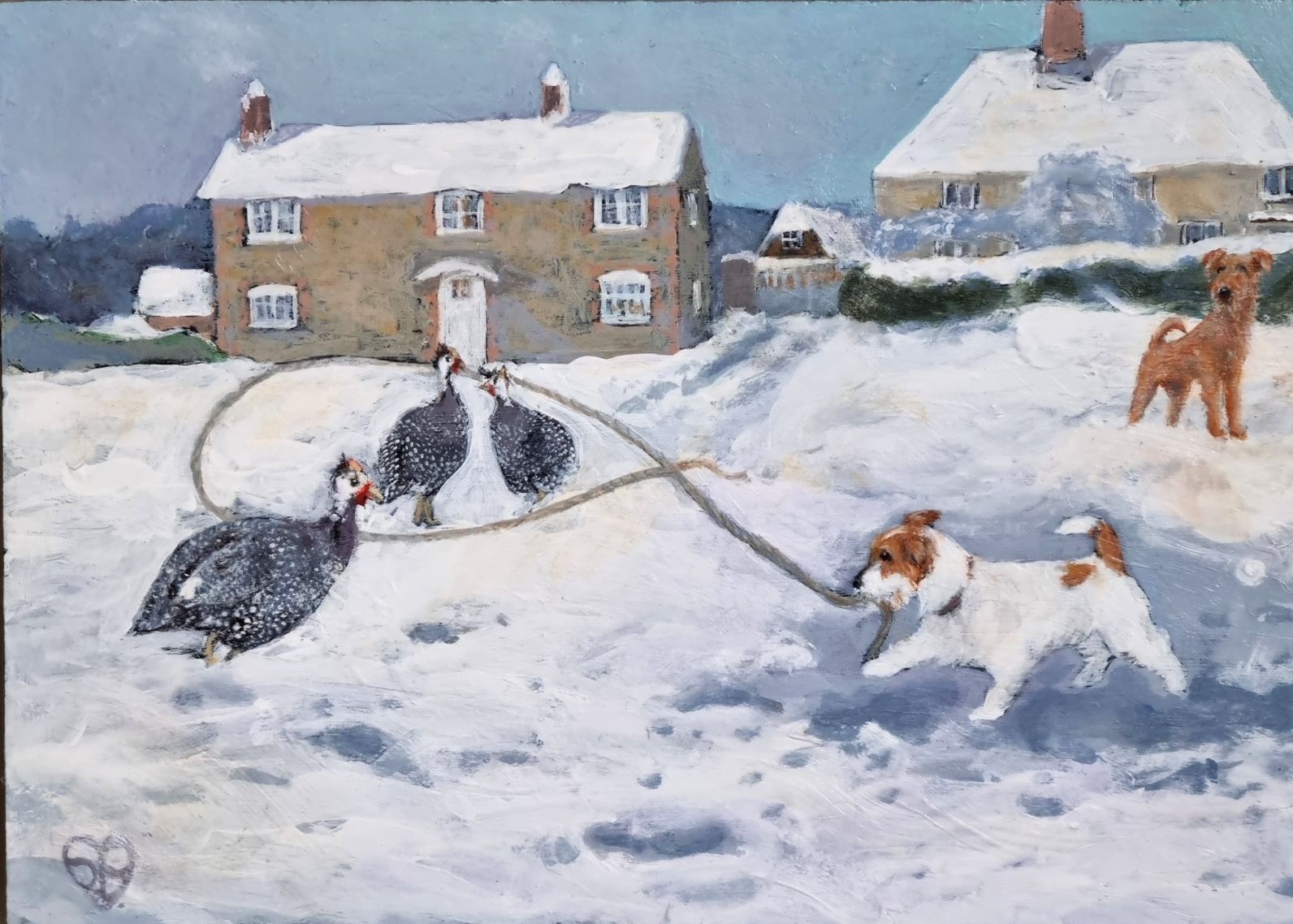 A painting of two dogs pulling a bird in the snow