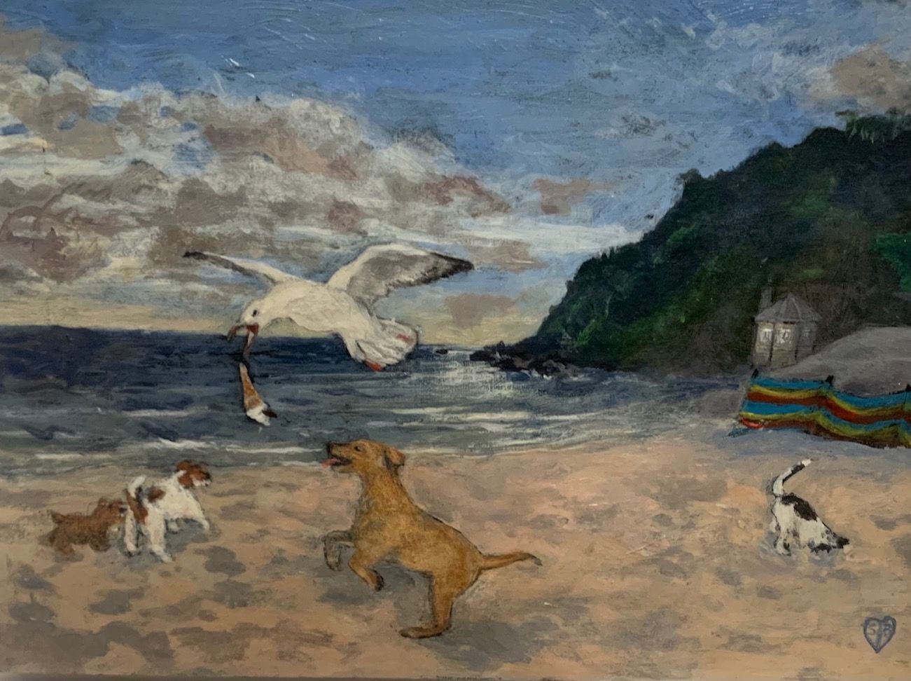 A painting of dogs and a seagull on a beach.