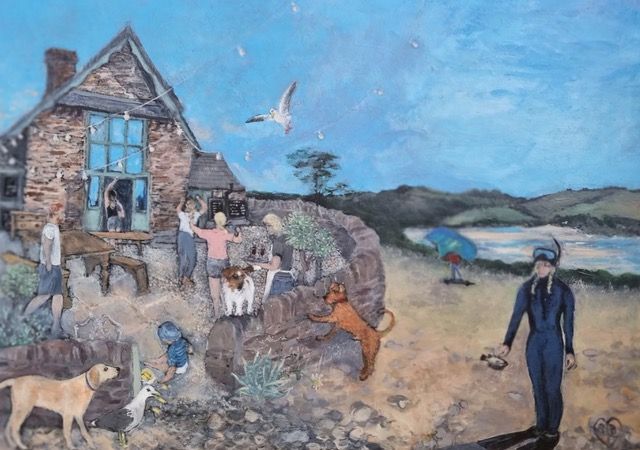 A seaside scene: people and dogs near a stone house, a snorkeler, a beach, and a seagull.