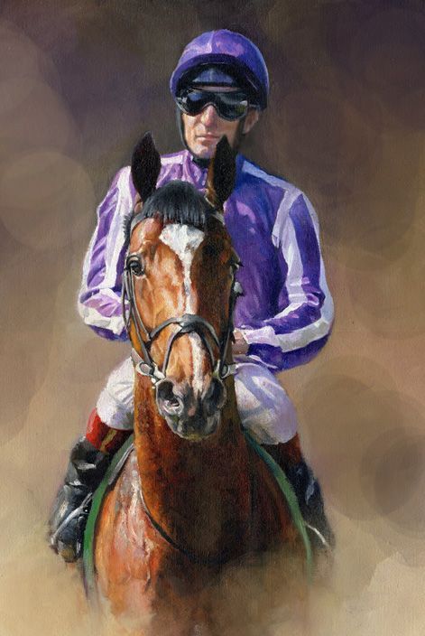 A jockey is riding a horse in a painting.