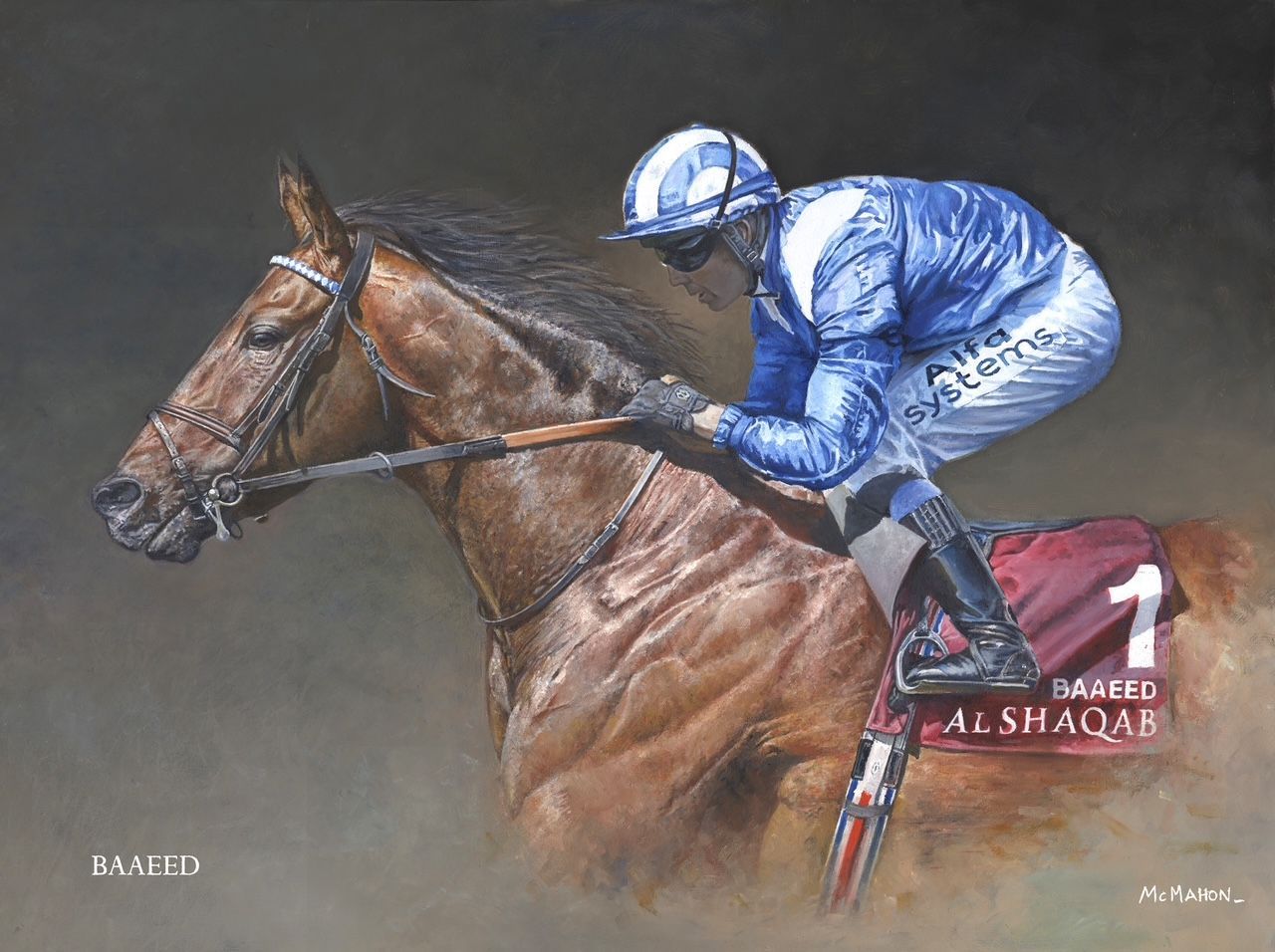 A painting of a jockey riding a horse in a race.