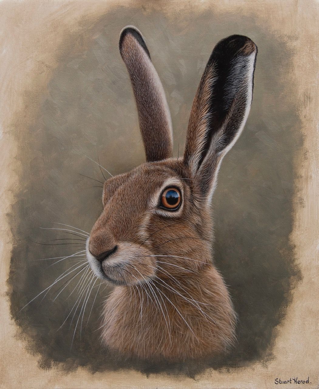 A painting of a brown rabbit with long ears