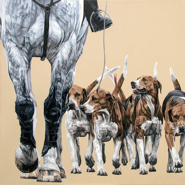 Horse's legs lead a pack of hunting hounds on a tan background.