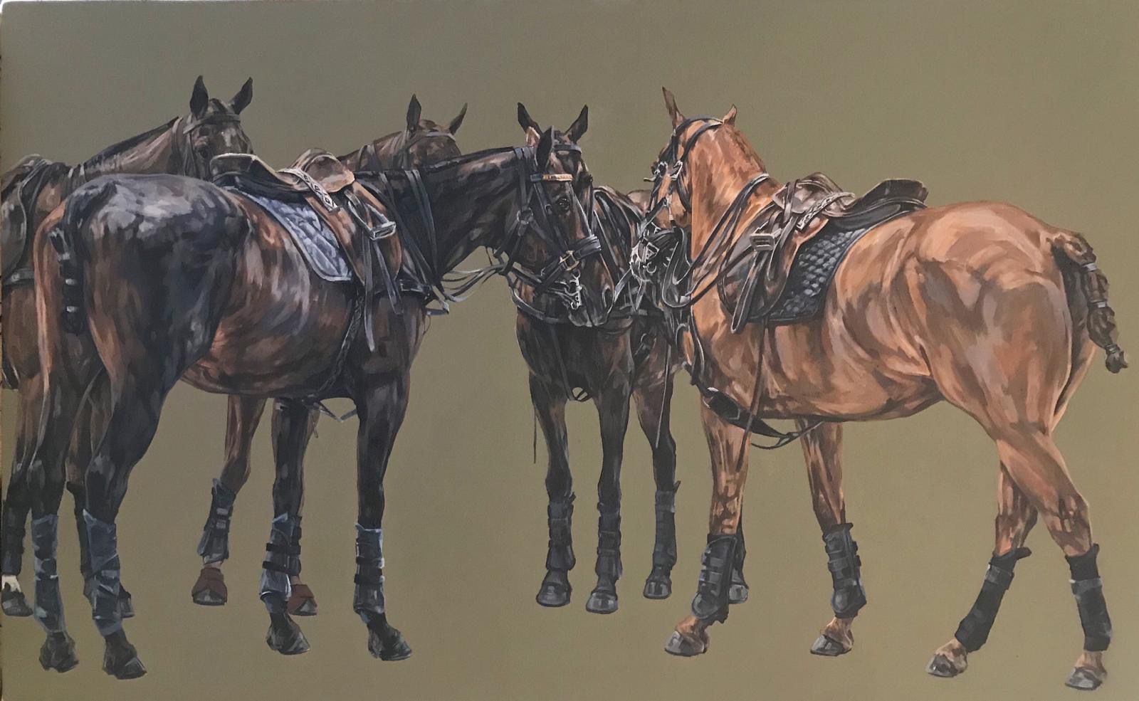 A painting of five horses standing next to each other