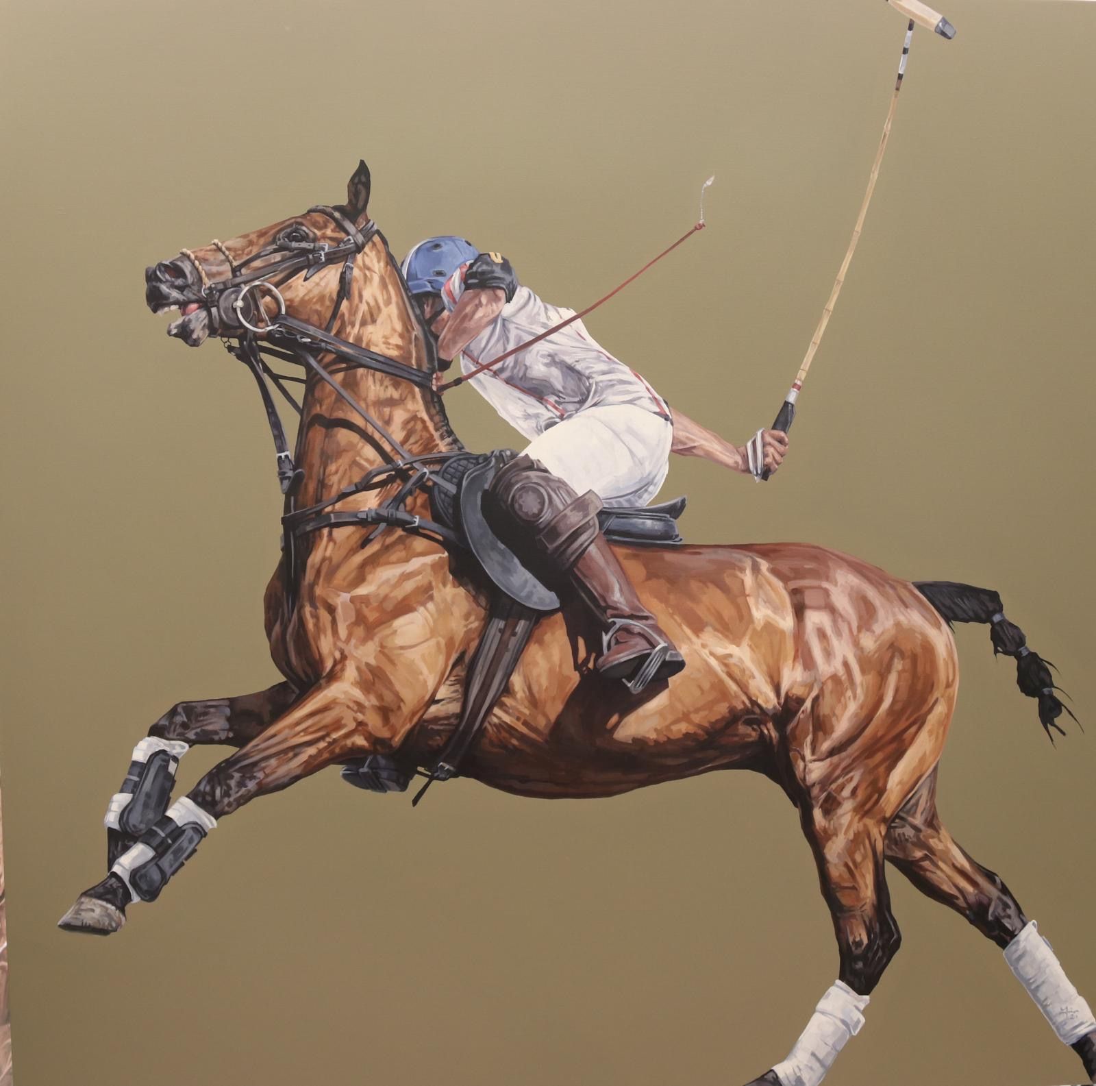 A painting of a man riding a brown horse