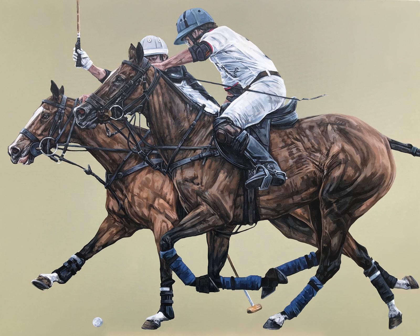 A painting of two men riding horses playing polo