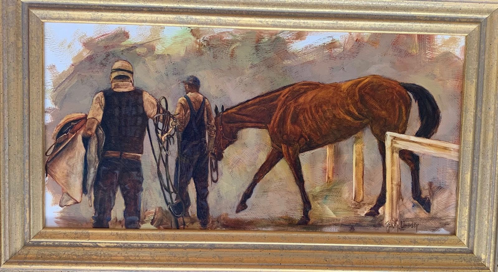 a painting of two men standing next to a horse