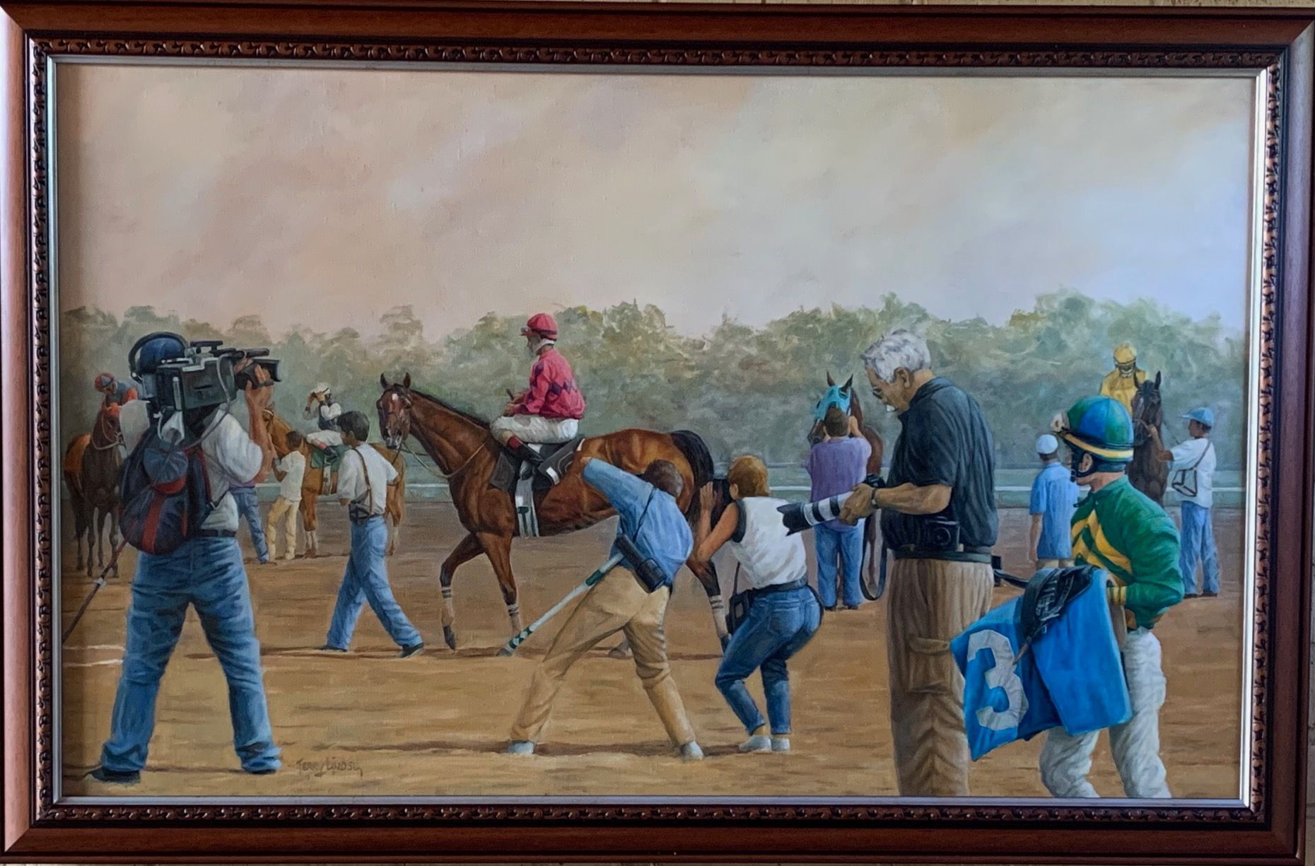 a framed painting of horse and jockey with photographers and a cameraman